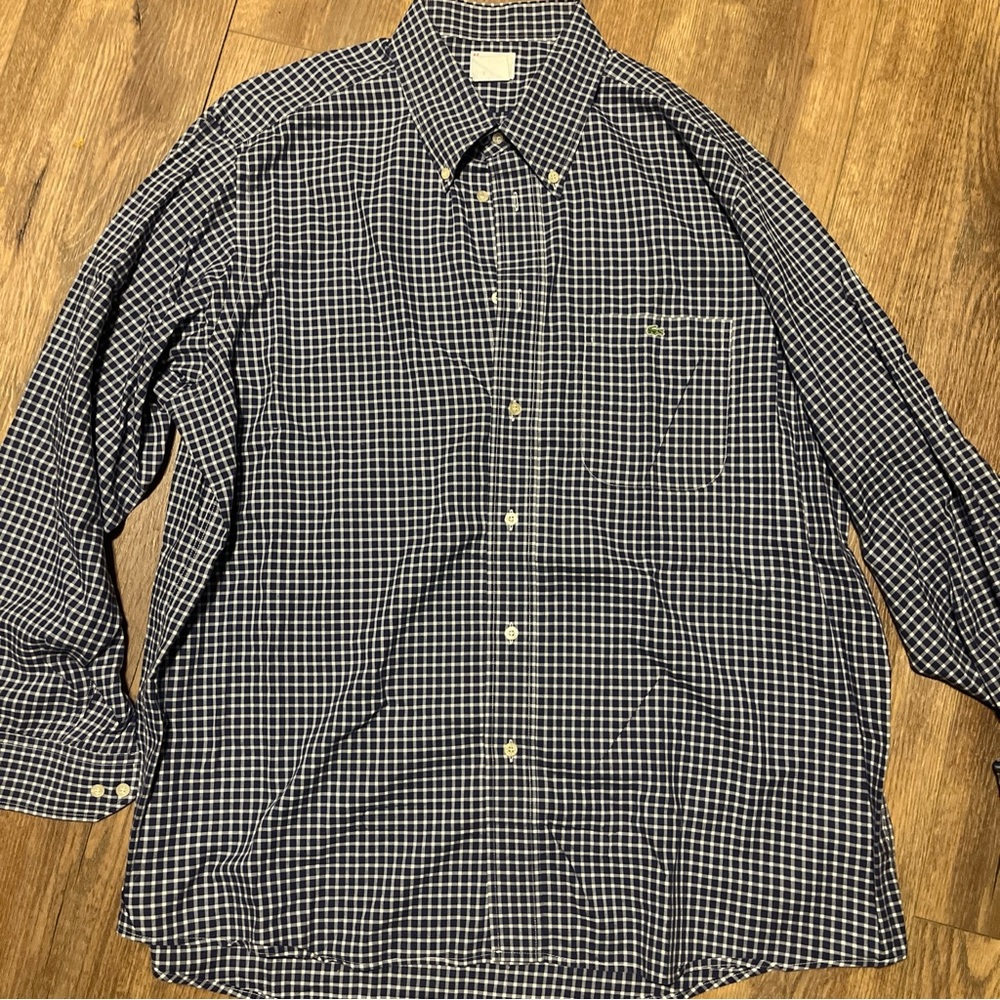 Lacoste Button Down Long Sleeve Blue Checkered Shirt Size 44